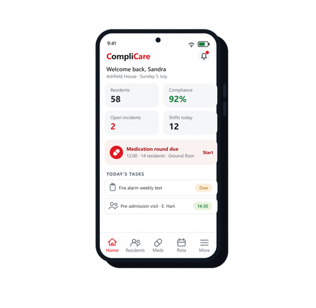 CompliCare mobile app showing today's tasks, medication round and compliance overview